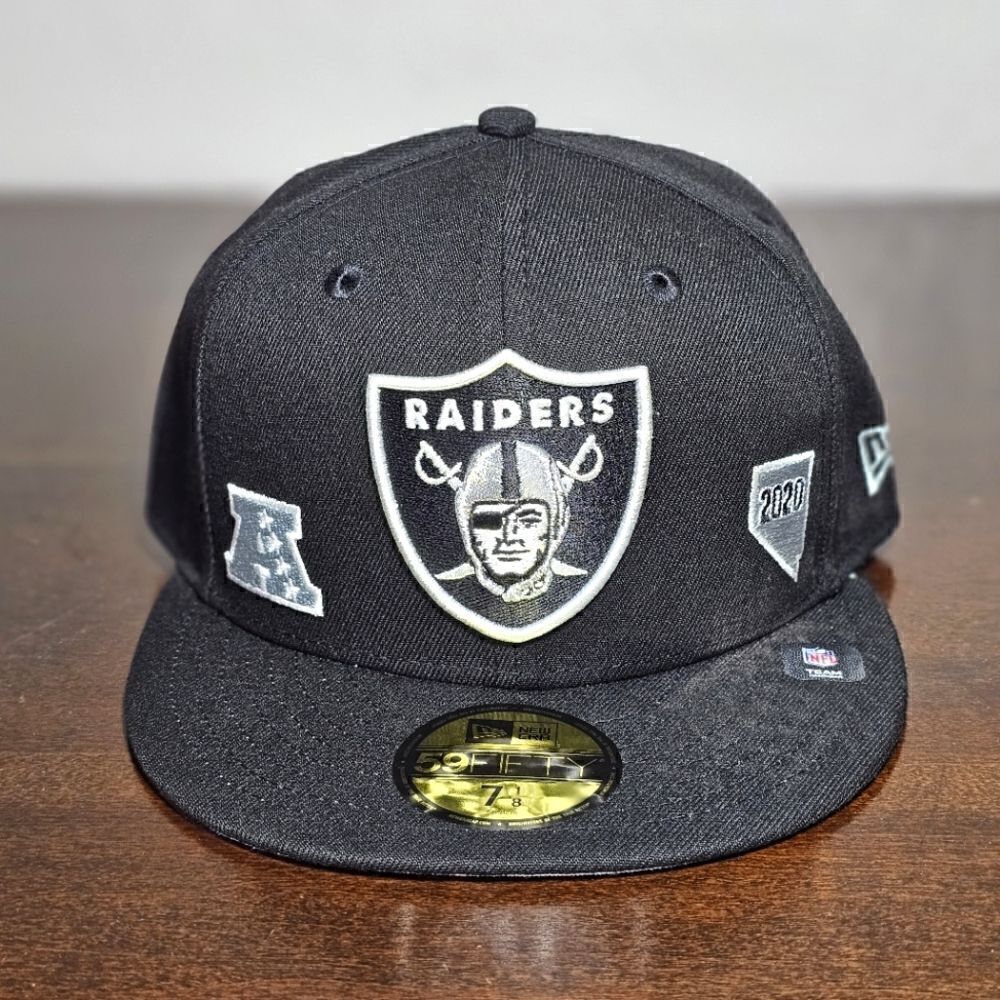 Las Vegas Raiders New Era Identity Hat 59FIFTY Black Silver Patches 7 1/8 Logos